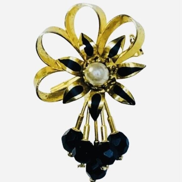 Austrian Womens Black Crystal Gold Vermeil Overlay Flower Vintage Brooch 2.5” - Picture 1 of 7